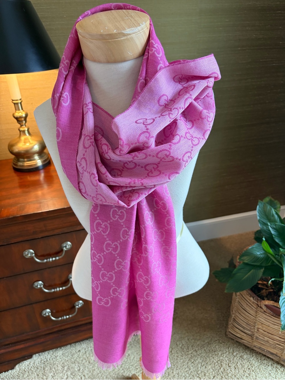 Gucci Pink GG Jacquard Wool-Silk Wrap Scarf